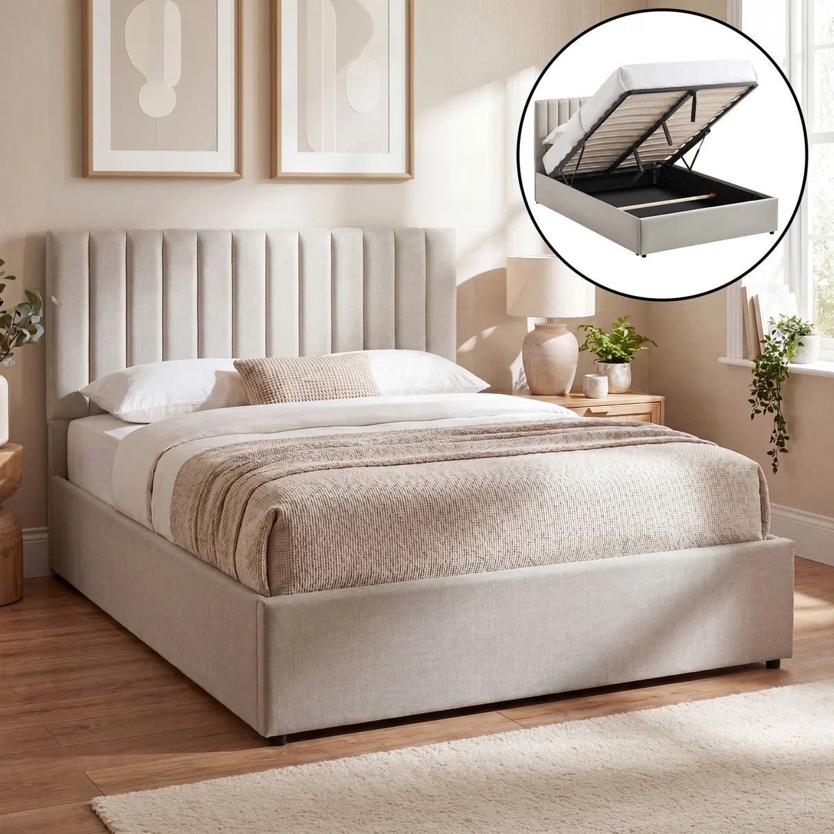 Vida Designs Vellaro Ottoman Fabric Bed Frame - Beige / King – image 1