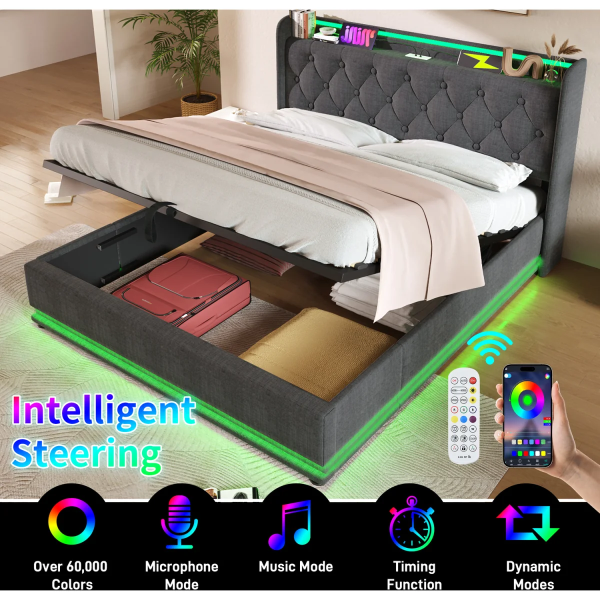 Upholstered Double Ottoman Bed with LED Lighting and Storage - Grey – image 2