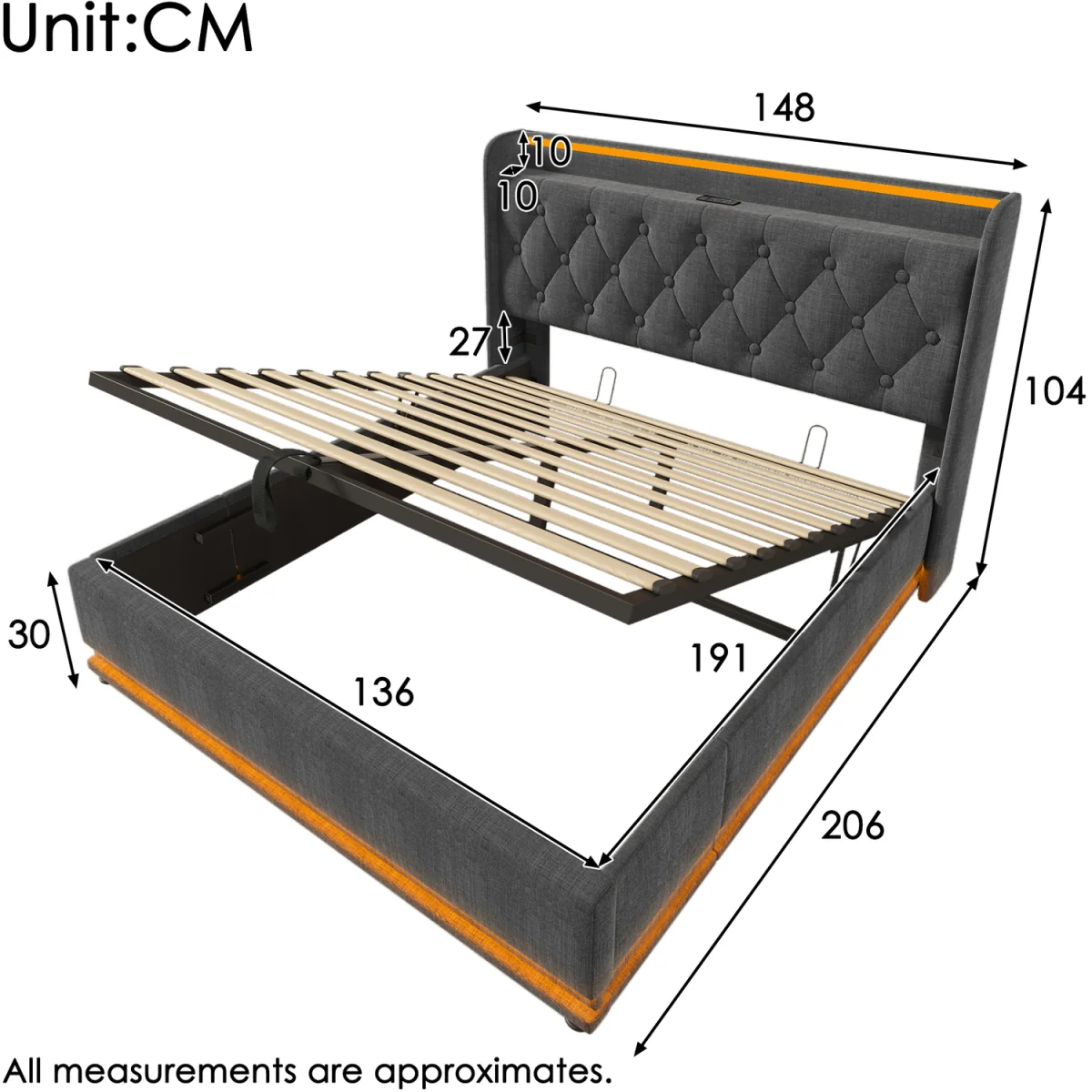 Upholstered Double Ottoman Bed with LED Lighting and Storage - Grey – image 3