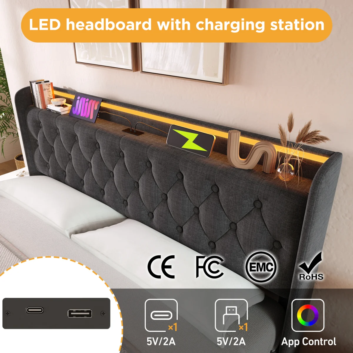 Upholstered Double Ottoman Bed with LED Lighting and Storage - Grey – image 4
