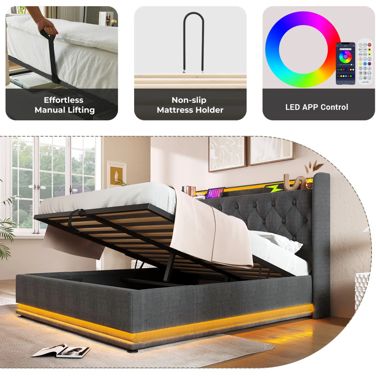 Upholstered Double Ottoman Bed with LED Lighting and Storage - Grey – image 5