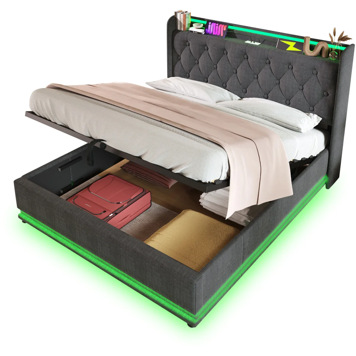 Upholstered Double Ottoman Bed with LED Lighting and Storage - Grey – image 7