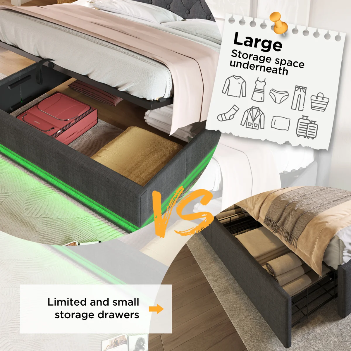 Upholstered Double Ottoman Bed with LED Lighting and Storage - Grey – image 9