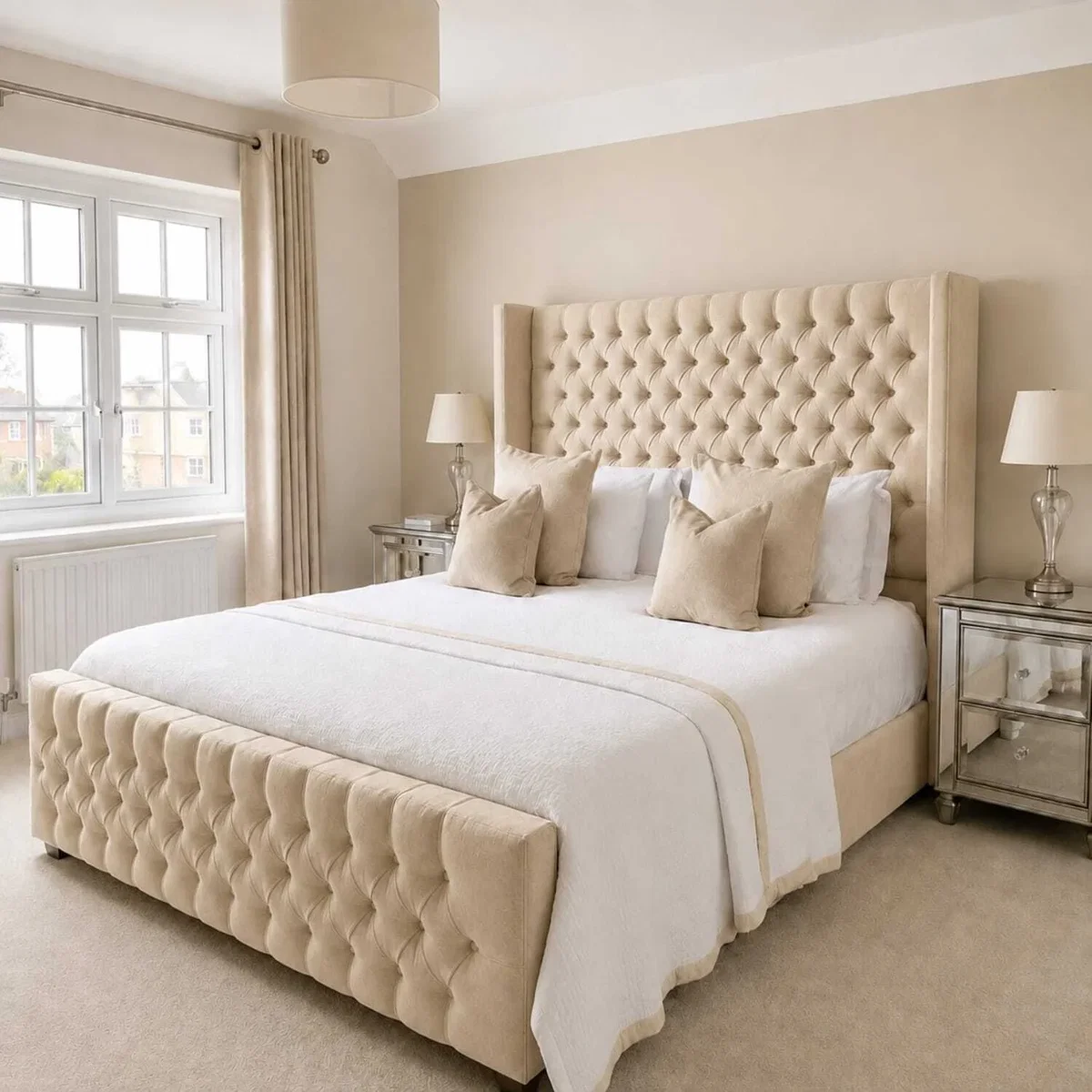 Bellavita Gas Lift Storage Bed With Chesterfield Tufted Headboard - Beige / King – image 1