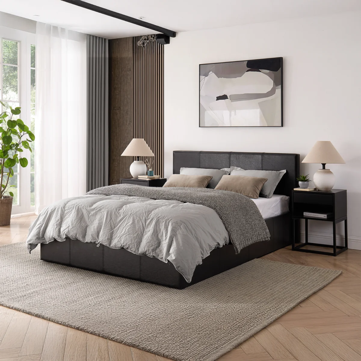 LUNA 3FT Single Ottoman Bed Black Faux Leather + Sprung Mattress - Black – image 2