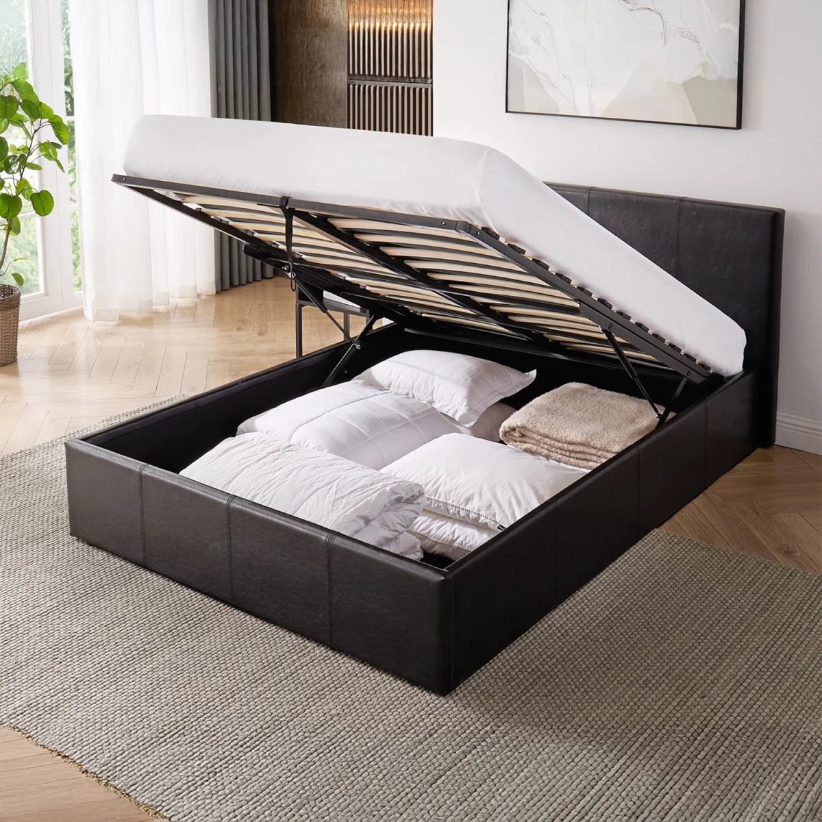 LUNA 3FT Single Ottoman Bed Black Faux Leather + Sprung Mattress - Black – image 4