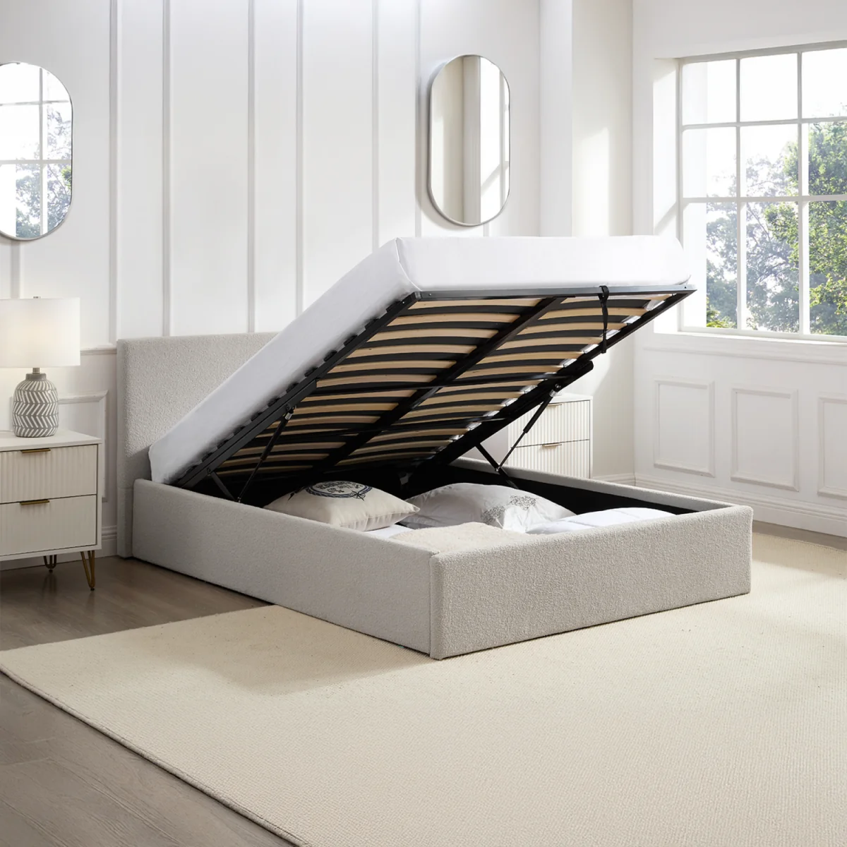 TEDDY BOUCLE 3FT Single Ottoman Bed Boucle Beige Fabric Frame + Sprung Mattress - Boucle Beige – image 3