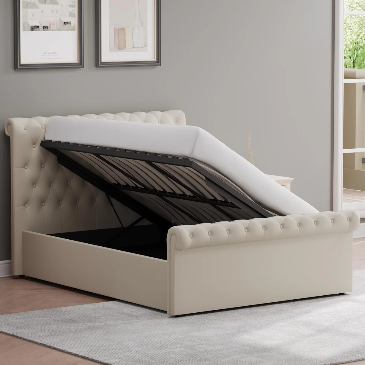 FWStyle King Size Bed Frame Almond Side Lift Ottoman Buttoned - Almond – image 3