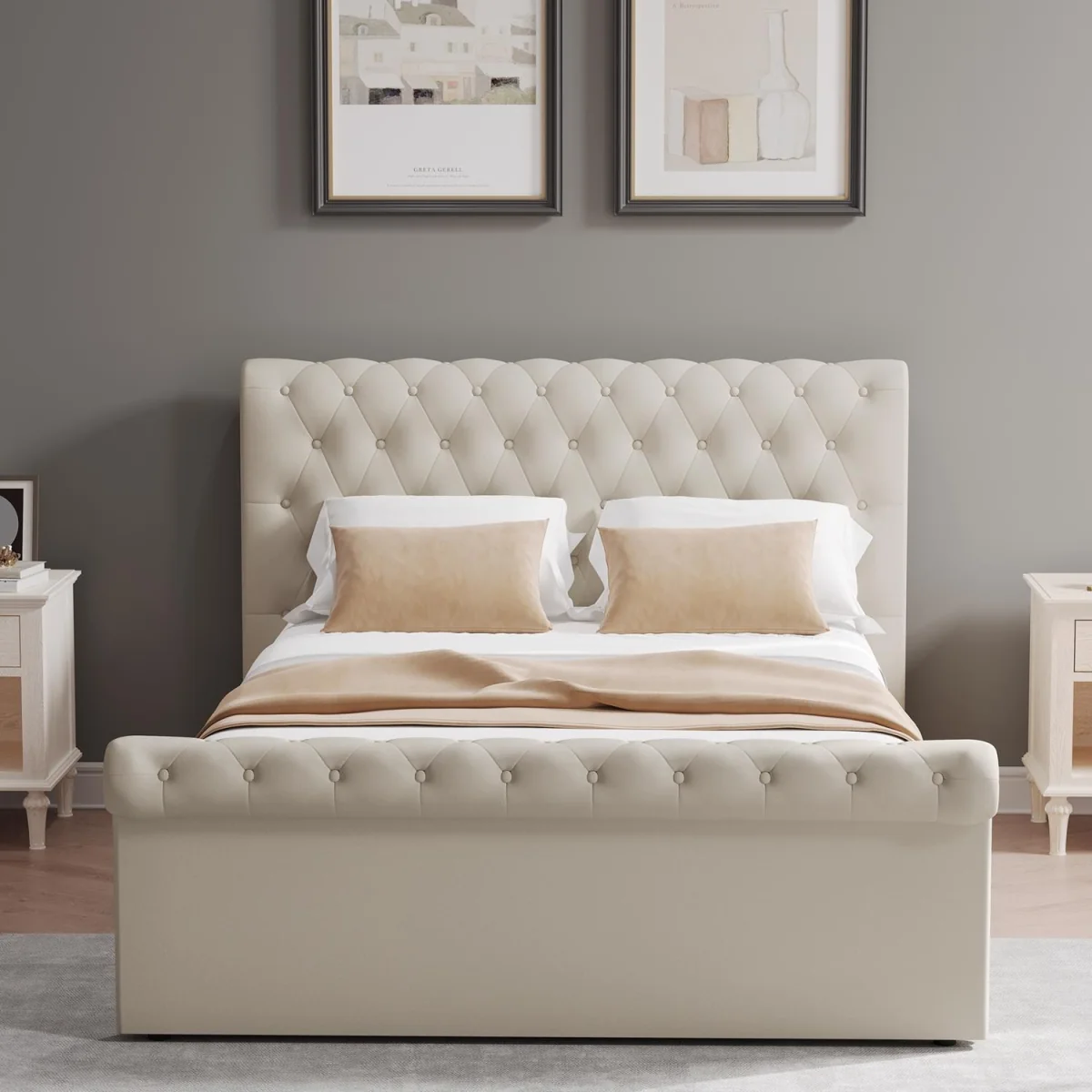 FWStyle King Size Bed Frame Almond Side Lift Ottoman Buttoned - Almond – image 1