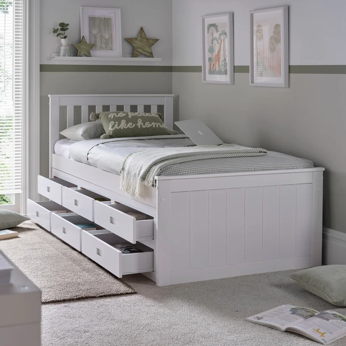Nova White Wooden 6 Drawer Storage Bed With Pocket Mattress Single - White