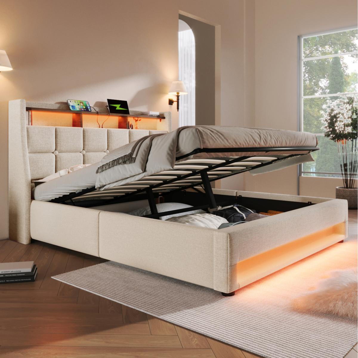 Upholstered Storage Bed with Metal Slatted Frame - Beige / King