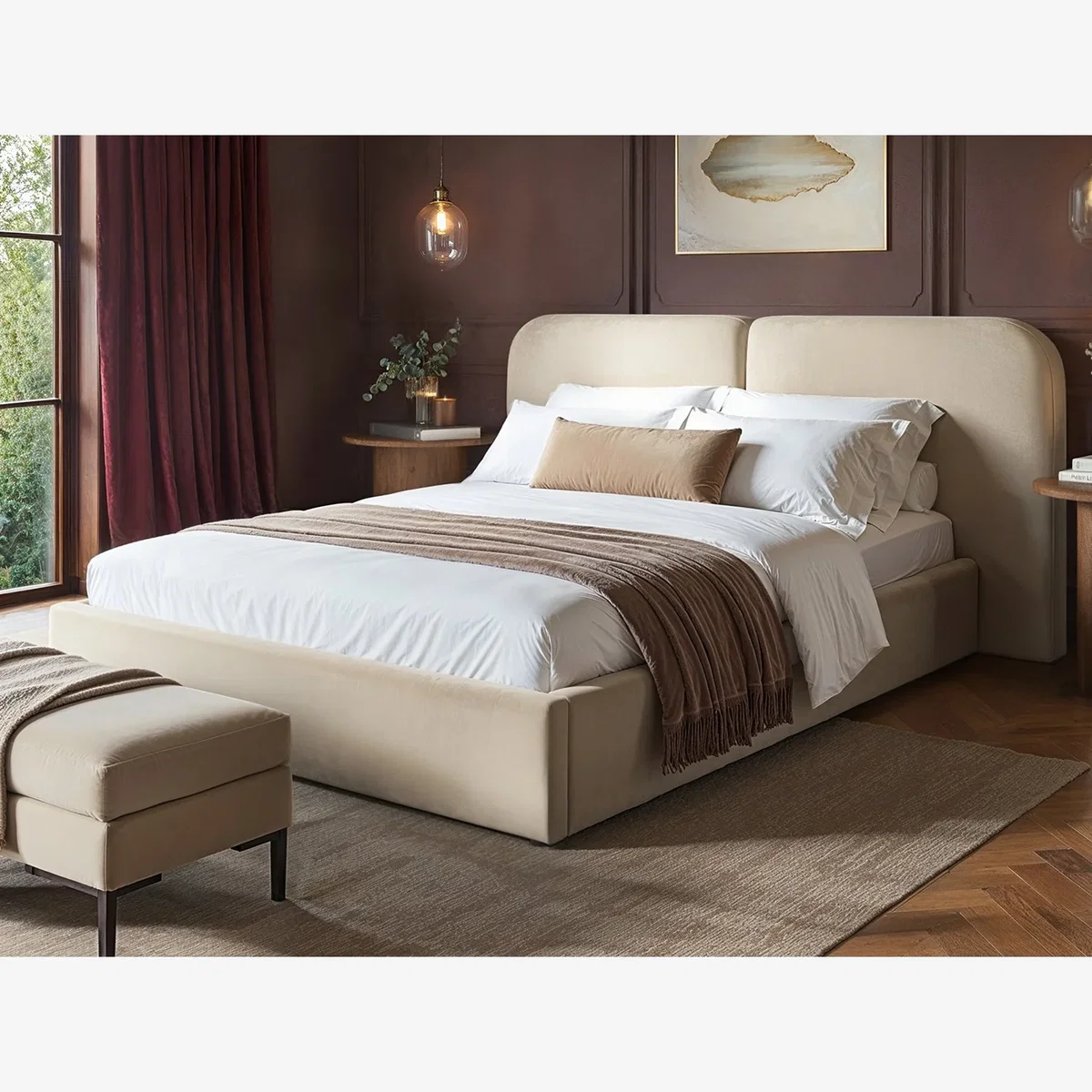 Lena Velvet Ottoman Bed Beige Velvet - Beige