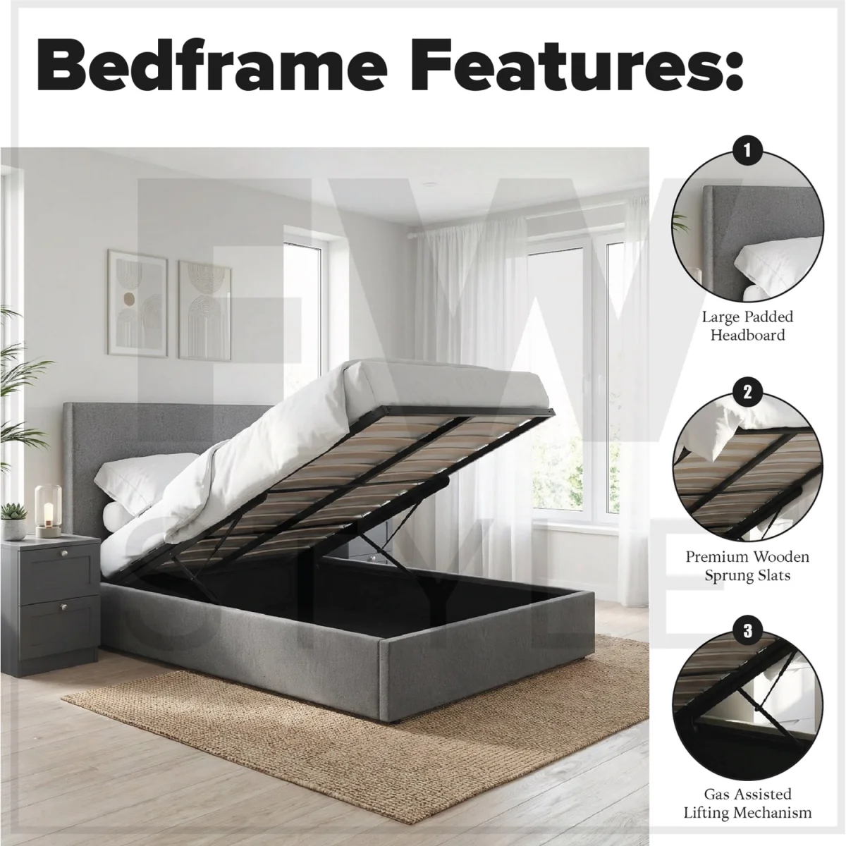 FWStyle Fossil King Size Ottoman Bedframe Padded Tall Headboard  - Fossil – image 2