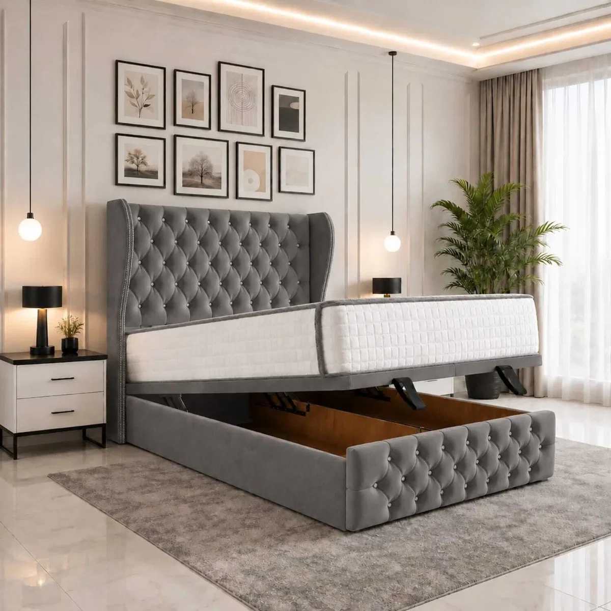 Luvessa Upholstered Ottoman Storage Bed With Wingback Headboard - Grey / Single – image 1