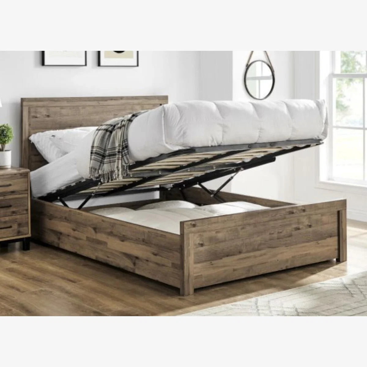 Wooden Ottoman Bed Frame Oak Grain - Brown / Yes / Double / 80kg