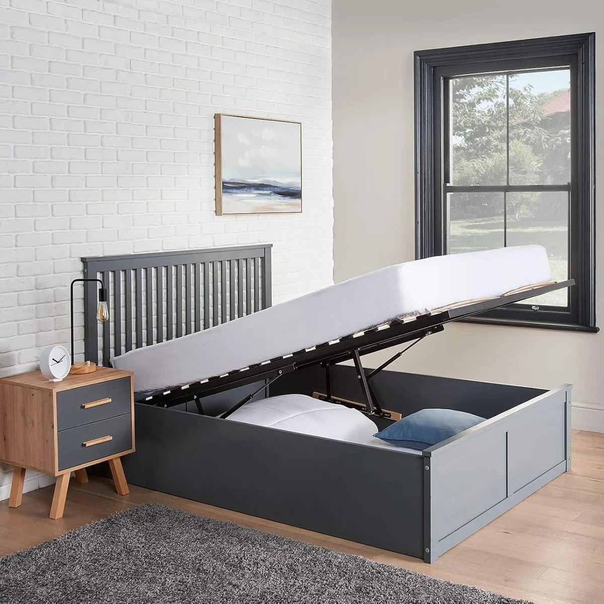 Wooden Ottoman Bed Frame Bed with Storage - Grey / Yes / King