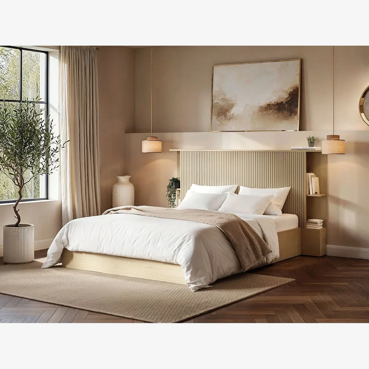 Zora Ottoman Bed with Headboard Shelves Oak - Oak