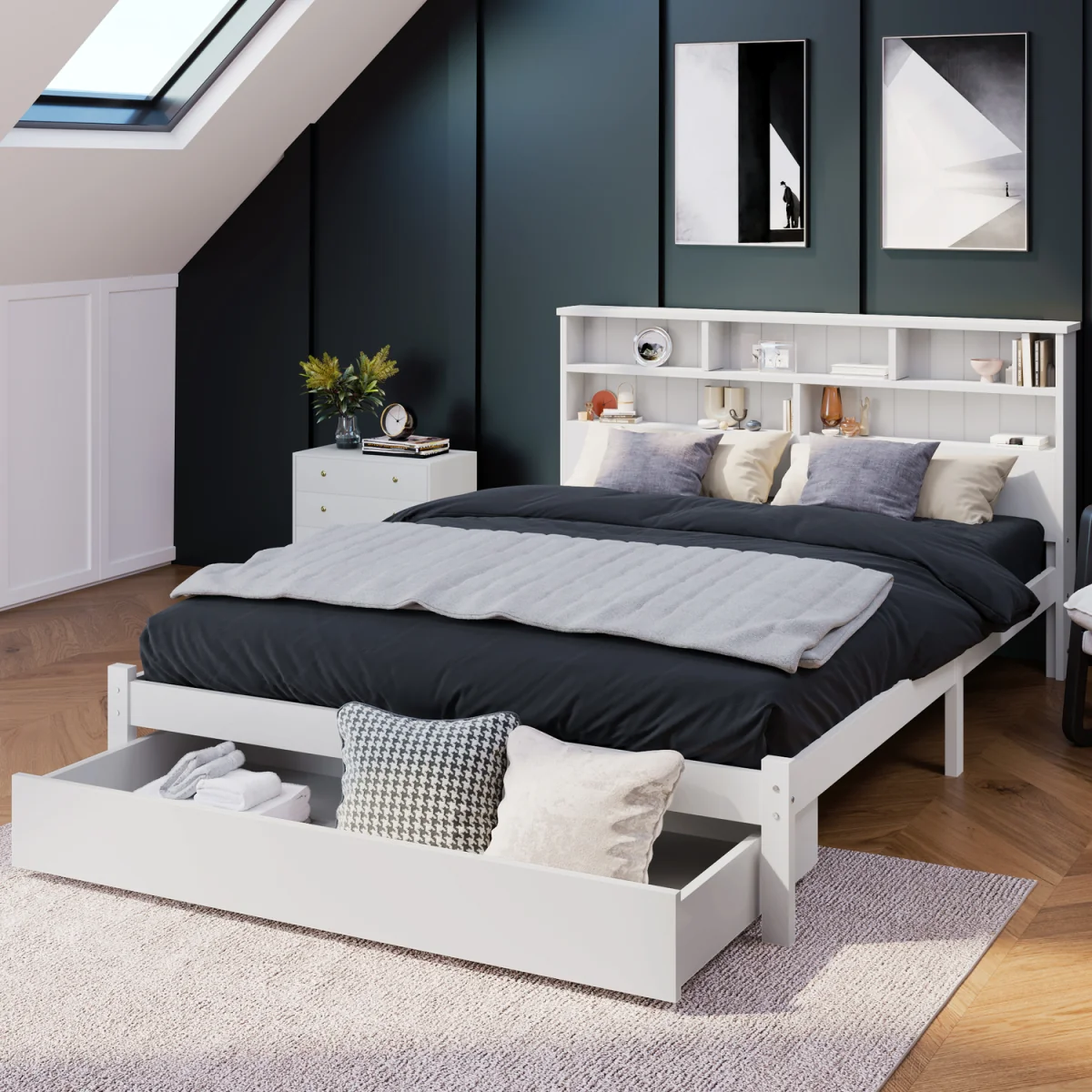 White Double Storage Bed with Shelves and Underbed Drawer - White – image 1