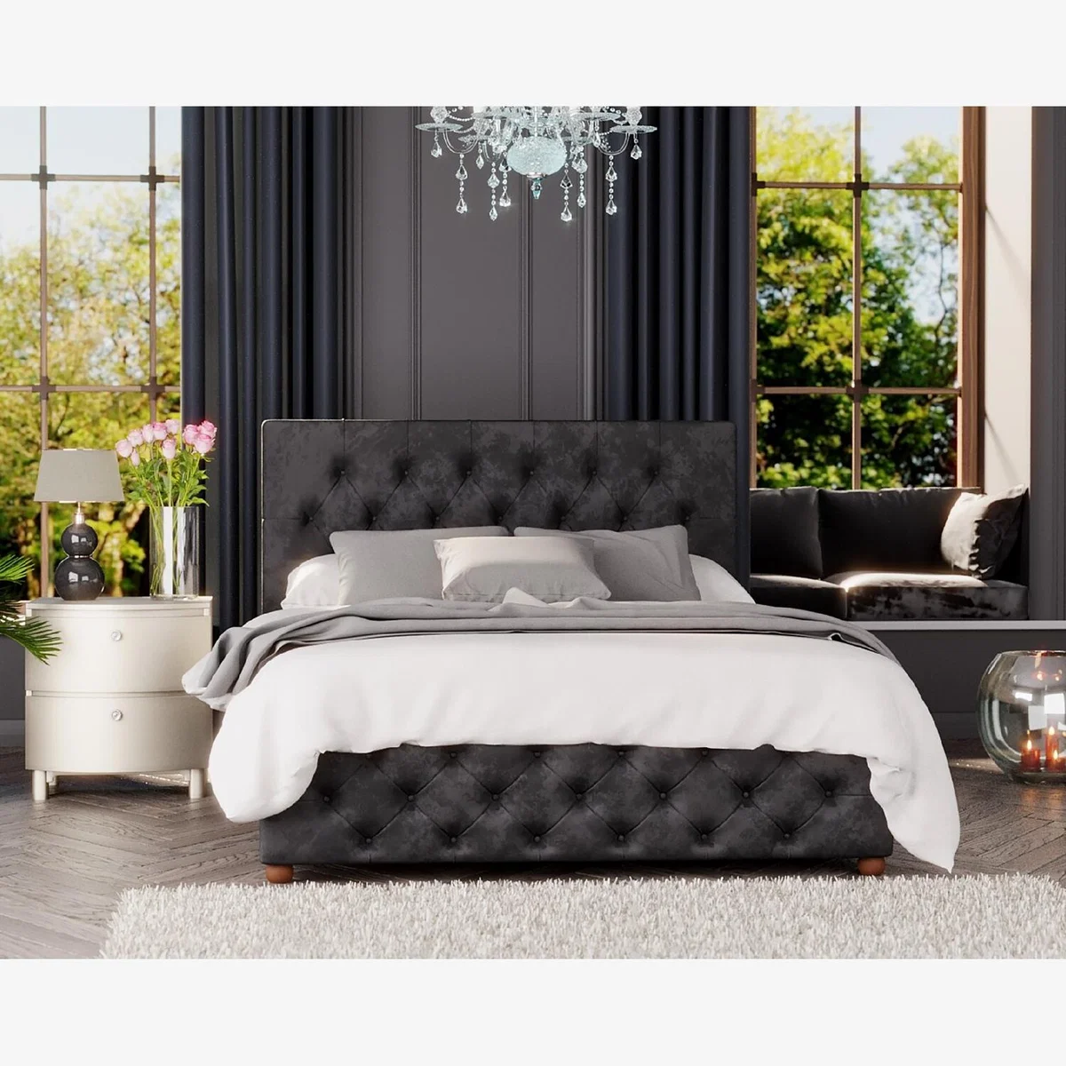 Luna Ottoman Storage Bed, Mirazzi Velvet Fabric - Black / Double