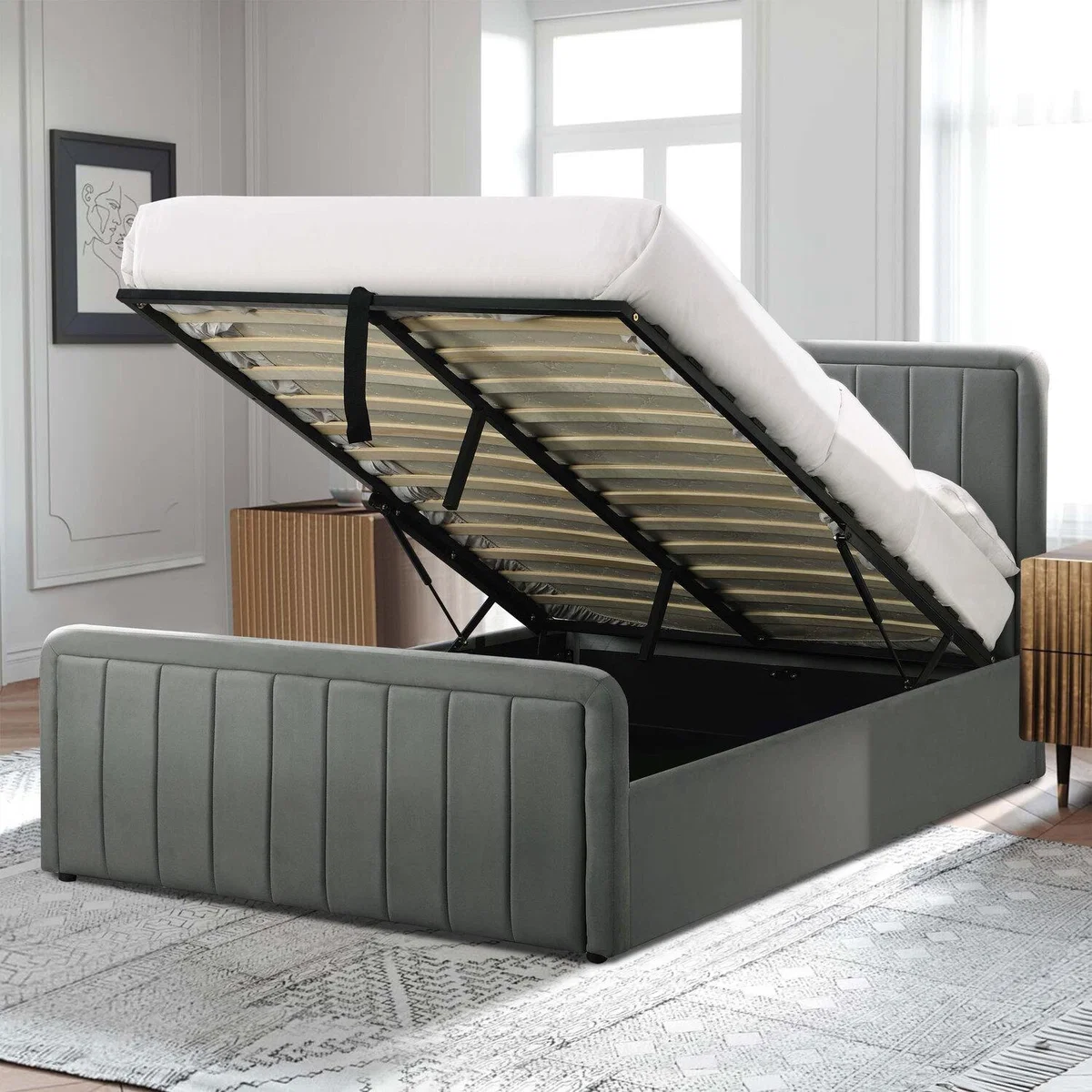 Brushed Velvet Ottoman Bed Frame - Dark Grey / King