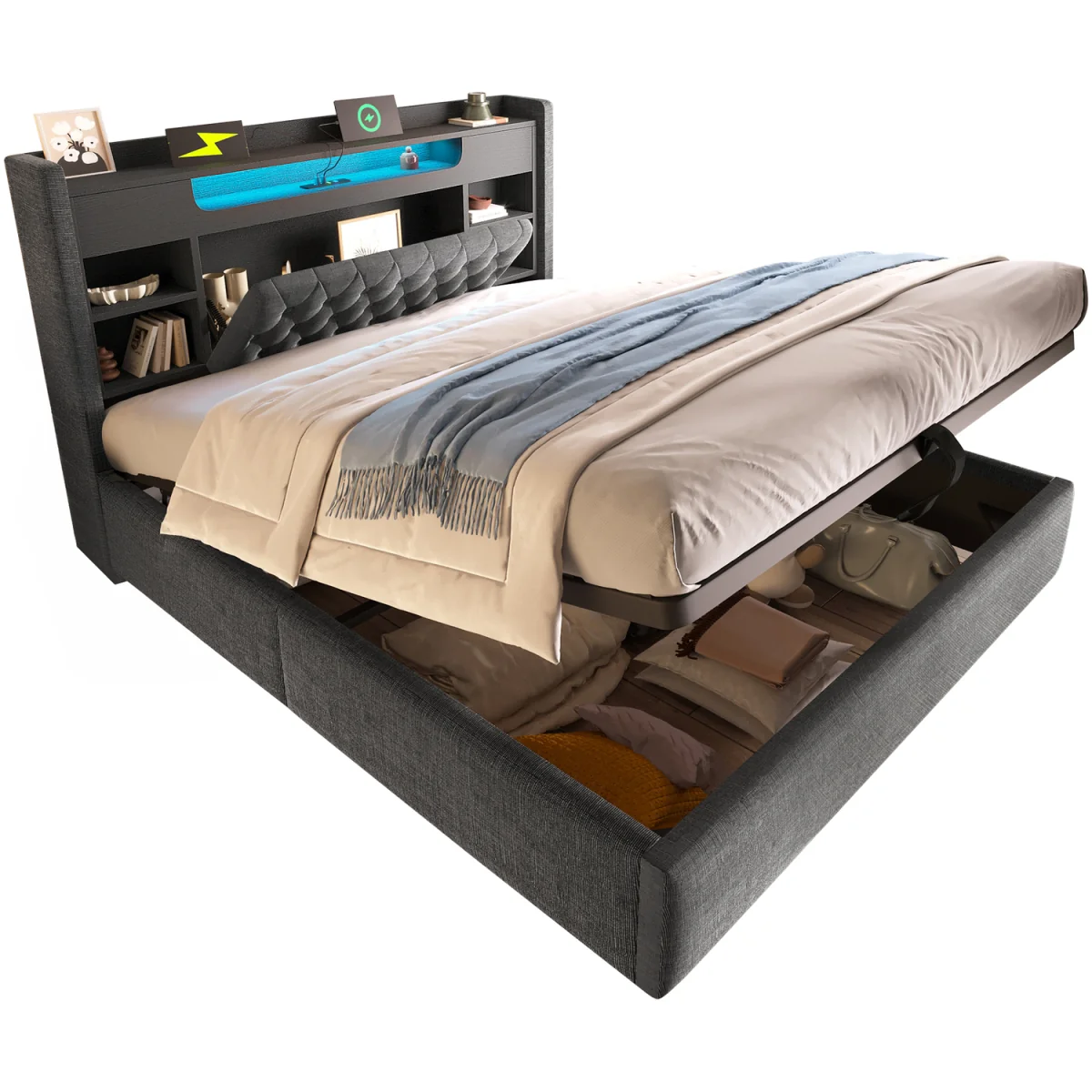 Linen Hydraulic Storage Bed with LED & Charging - Grey – image 2