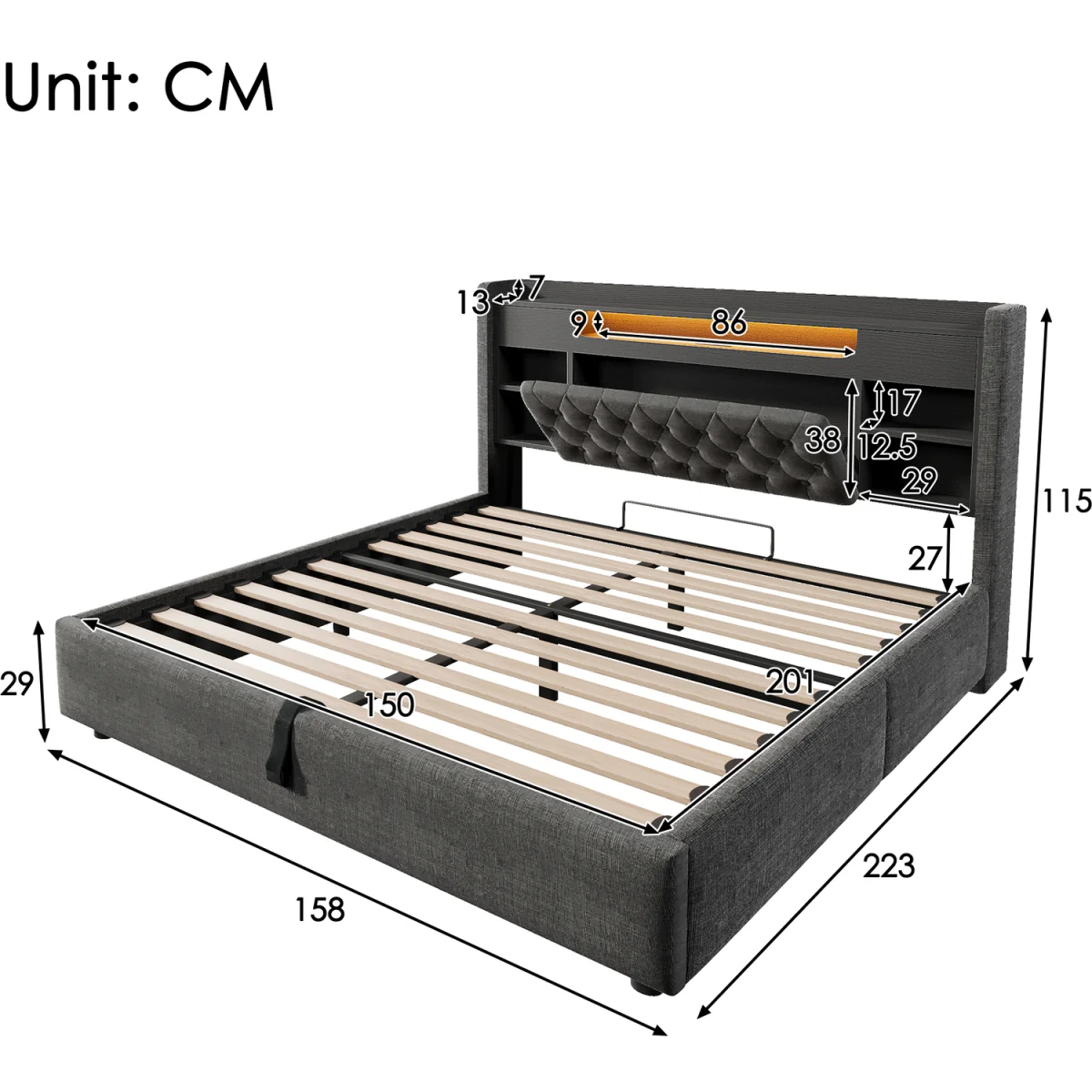 Linen Hydraulic Storage Bed with LED & Charging - Grey – image 3