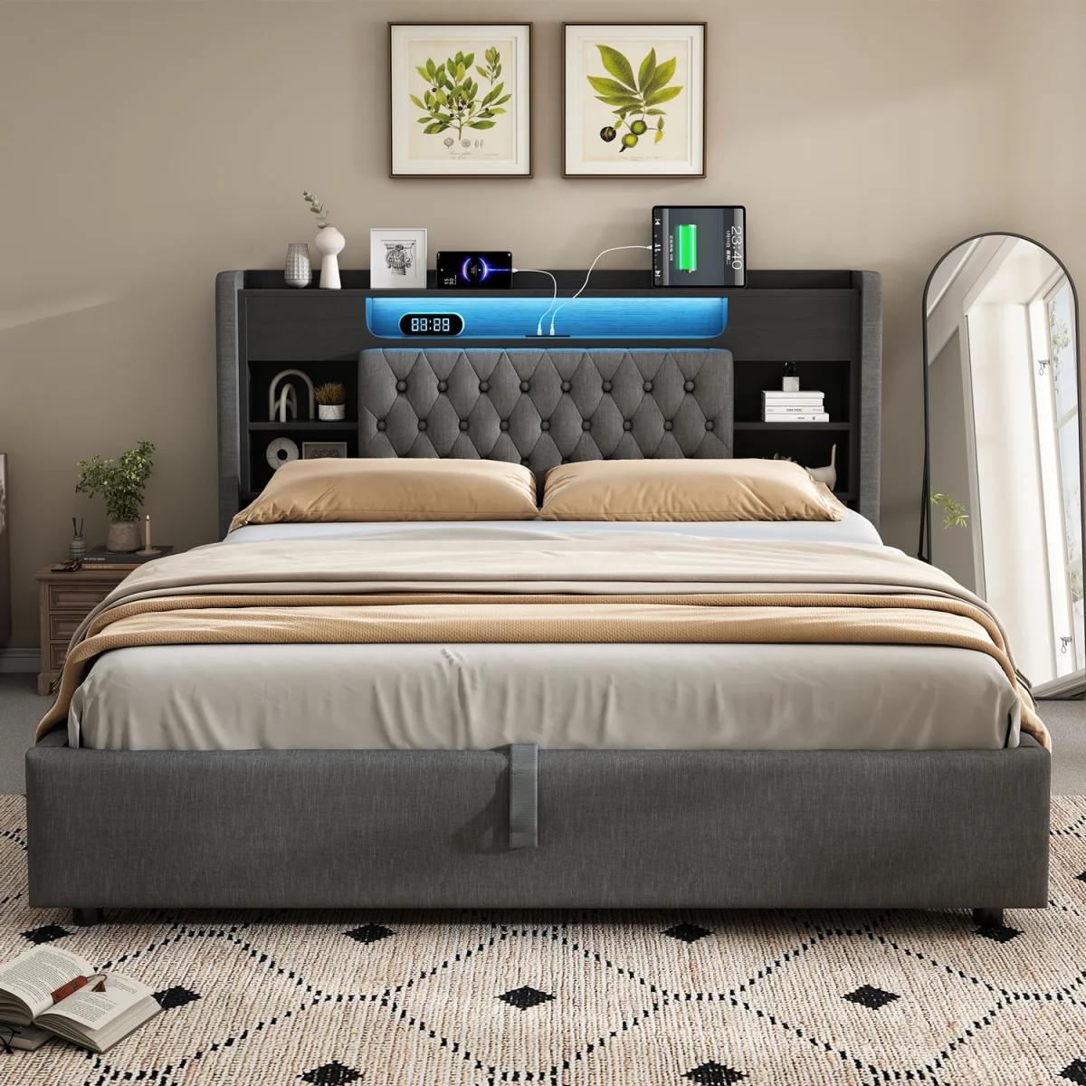 Linen Hydraulic Storage Bed with LED & Charging - Grey – image 5