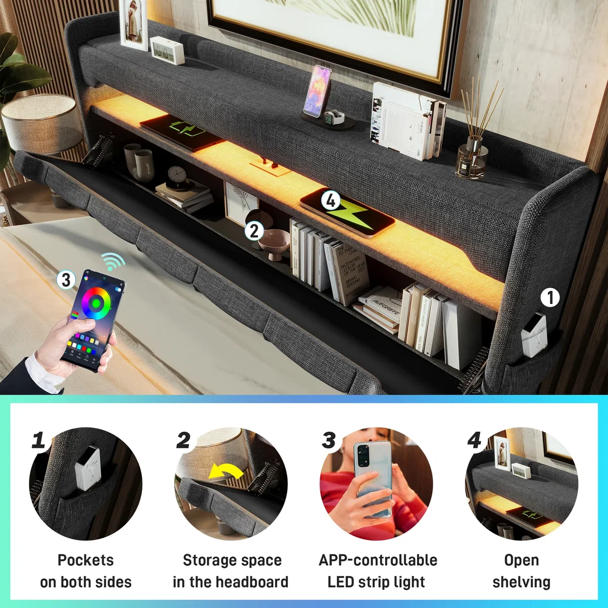 AKA Super King Linen Hydraulic Storage Bed with LED, USB-C & Headboard, Grey - Grey – image 2