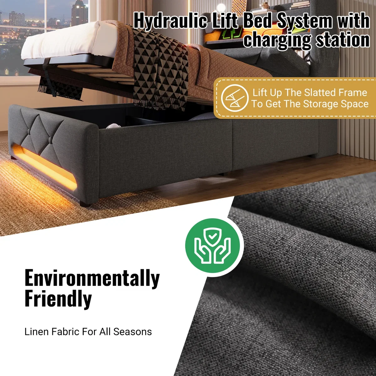AKA Super King Linen Hydraulic Storage Bed with LED, USB-C & Headboard, Grey - Grey – image 3