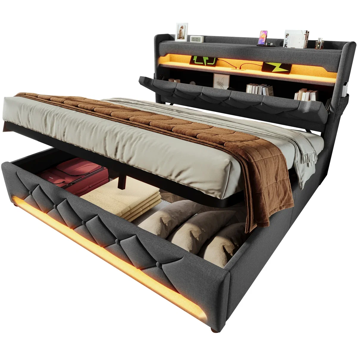 AKA Super King Linen Hydraulic Storage Bed with LED, USB-C & Headboard, Grey - Grey – image 7