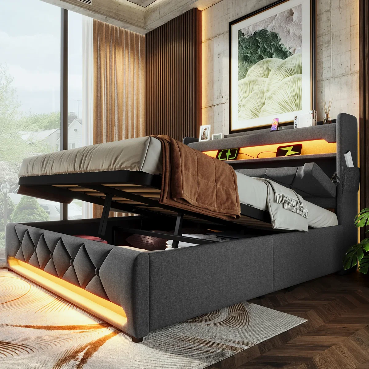 AKA Super King Linen Hydraulic Storage Bed with LED, USB-C & Headboard, Grey - Grey – image 8