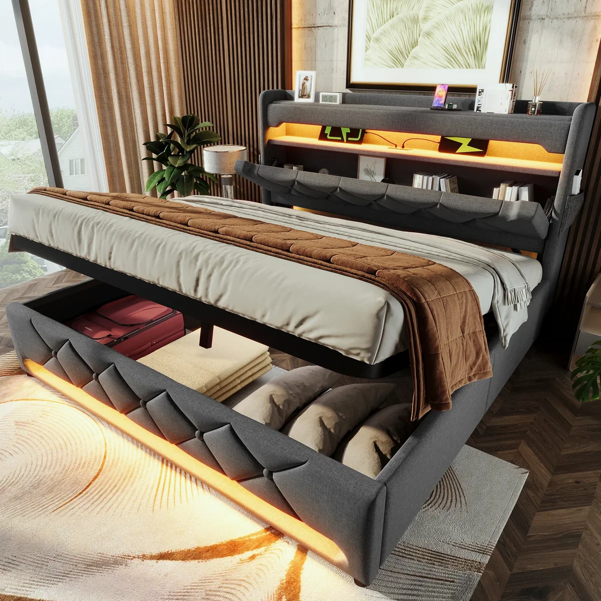 AKA Super King Linen Hydraulic Storage Bed with LED, USB-C & Headboard, Grey - Grey – image 1