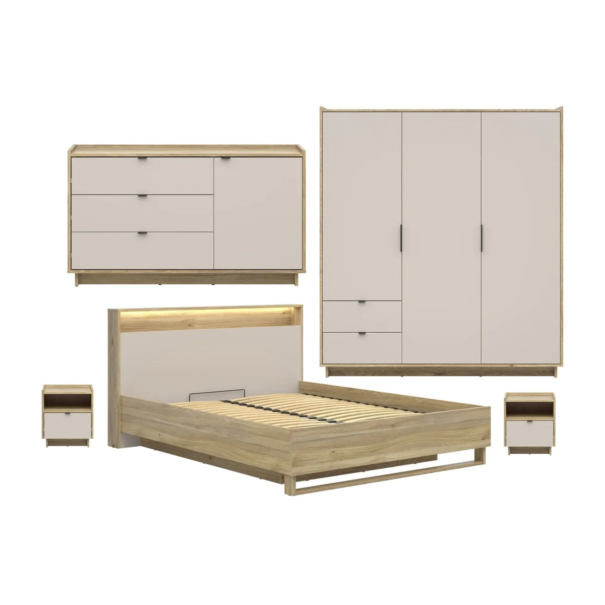 Bedroom Furniture Set King Size Ottoman Bed with Wardrobe & Bedside Cabinets - Cashmere combined with Mauvelle Oak