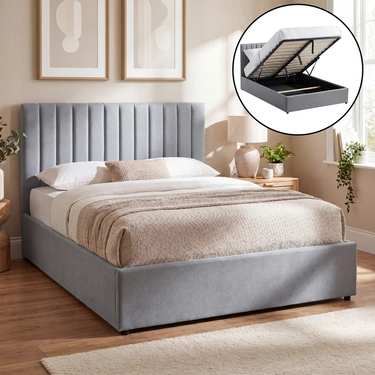Vida Designs Vellaro Ottoman Fabric Bed Frame - Light Grey / King – image 1