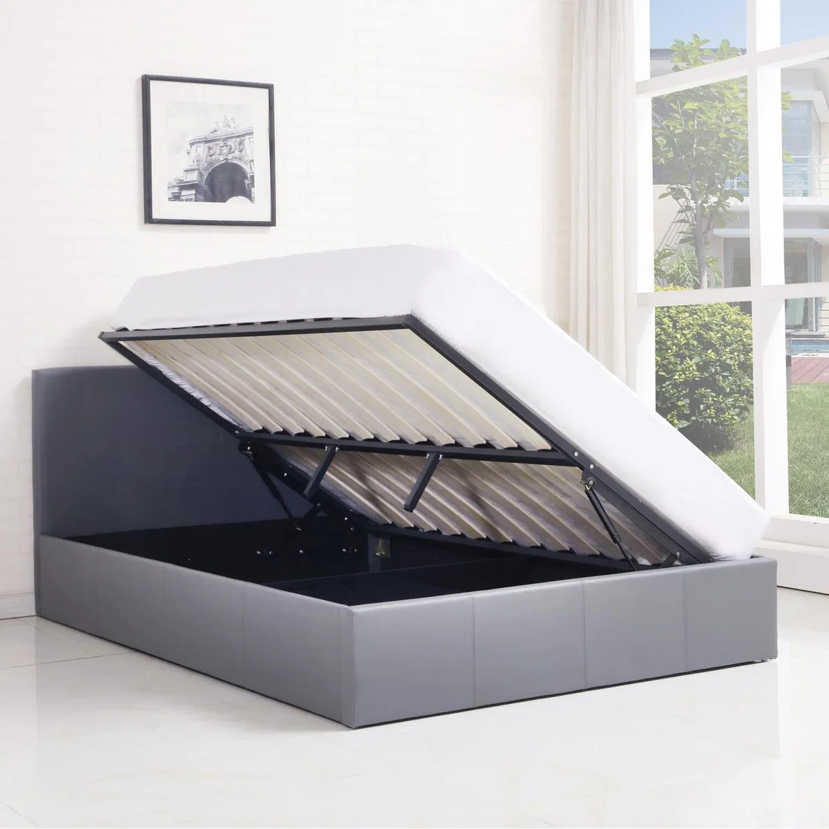 Ottoman Storage Bed Grey With Mattress - Grey / Single