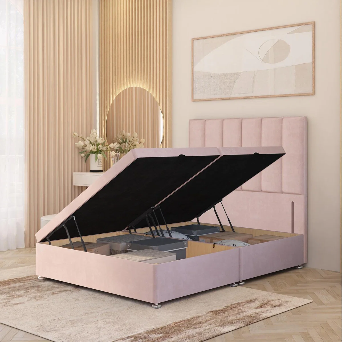 Austin Plush Velvet Solid Wood Ottoman Bed Side Opening Floor Standing Headboard - Pink / Single