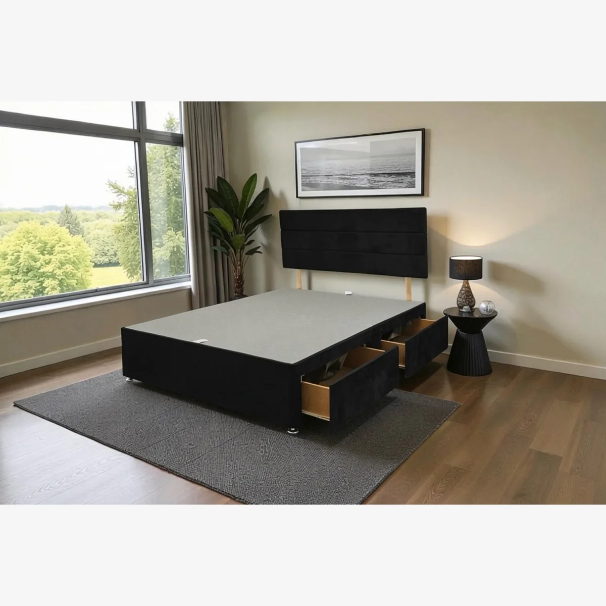 York Black Plush 6FT Divan Storage Bed Base No Mattress with 4 Drawers & Headboard - Super King - Black / Double – image 1