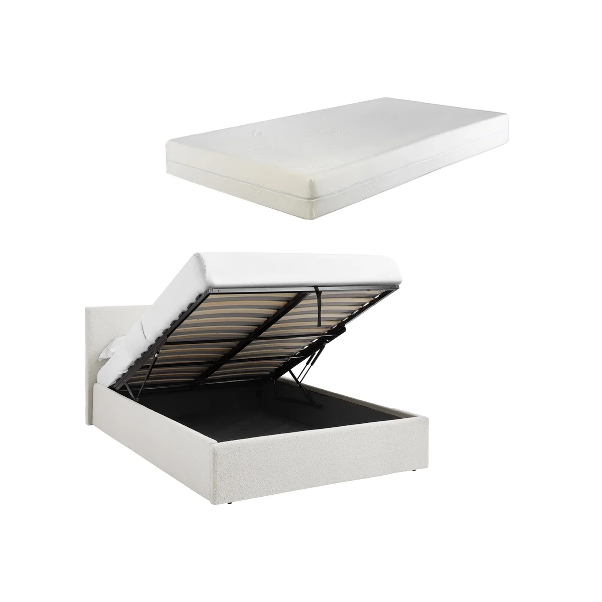 TEDDY BOUCLE 5FT Kingsize Ottoman Storage Bed White + 25cm Foam Mattress - Boucle White – image 1
