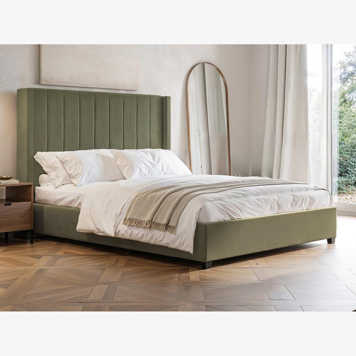 Tiggy Khaki Velvet Ottoman Bed with Winged Headboard - Green