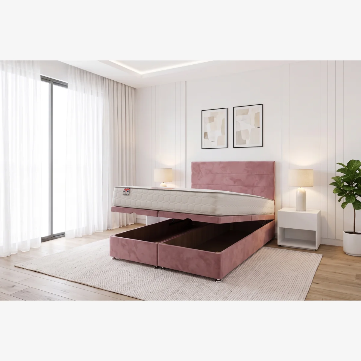 York Ottoman Bed Pink Plush 3FT With Mattress & 24"Headboard - Single - Pink / 193cm / 40kg / Small Single