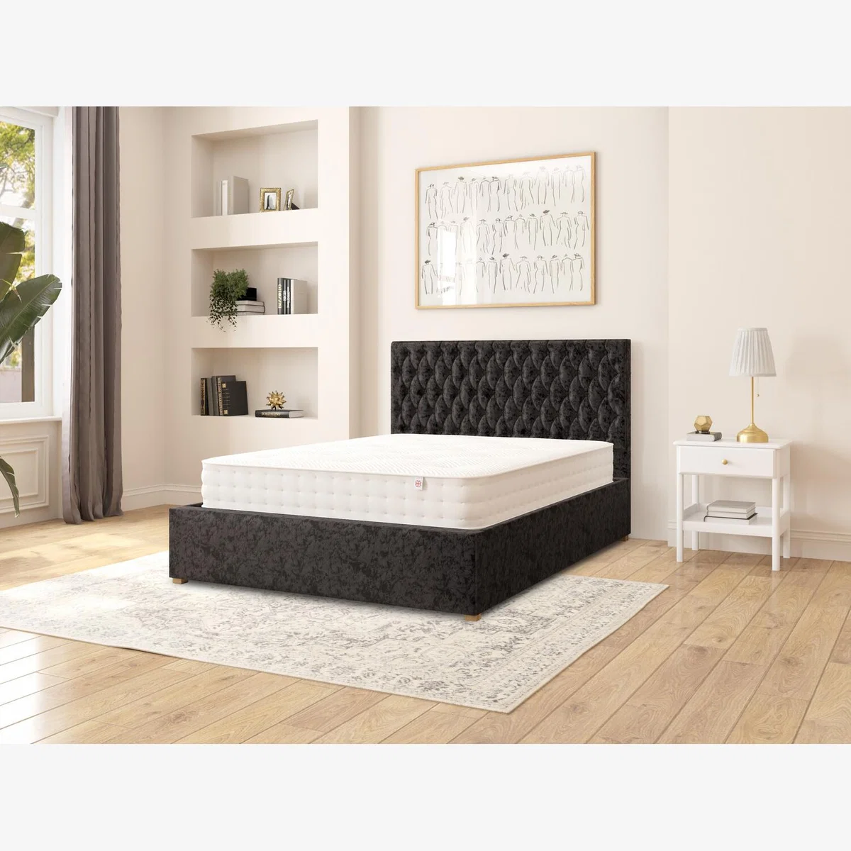Monroe Fabric Ottoman Storage Bed, Mirazzi Velvet Fabric - Black / Double
