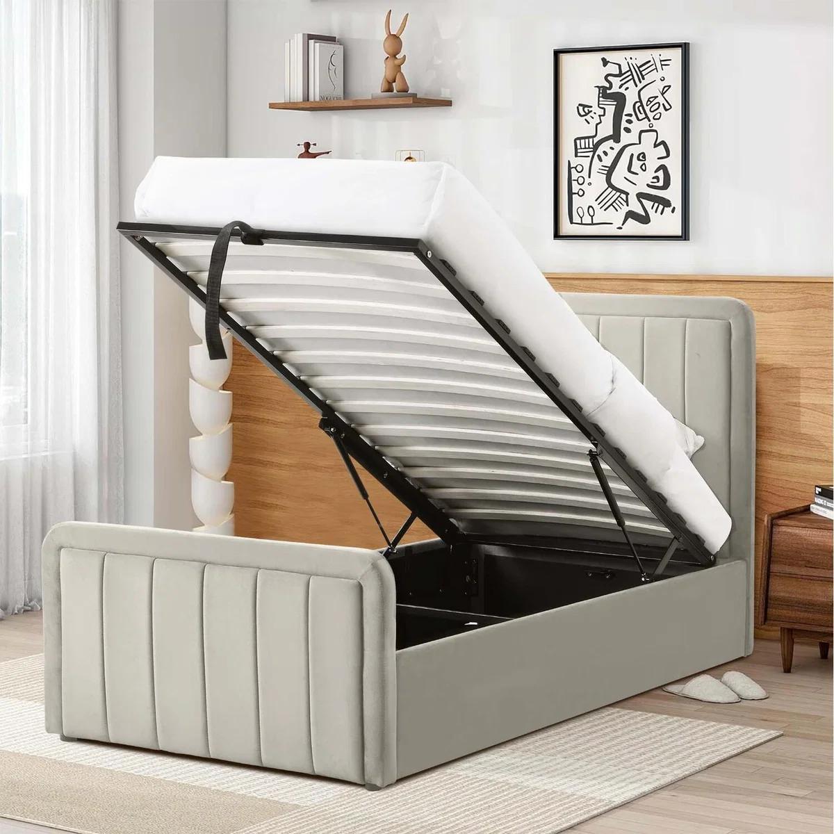 Brushed Velvet Ottoman Bed Frame - Cream / Single