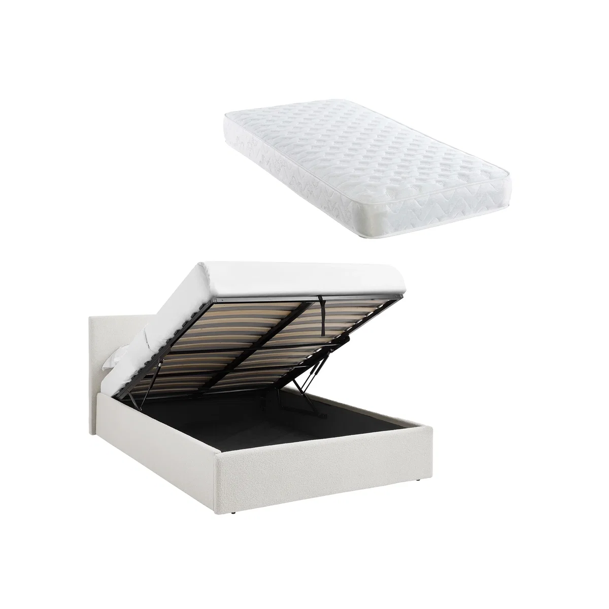 TEDDY BOUCLE 3FT Single Ottoman Bed White Fabric Frame + Sprung Mattress - Boucle White – image 1
