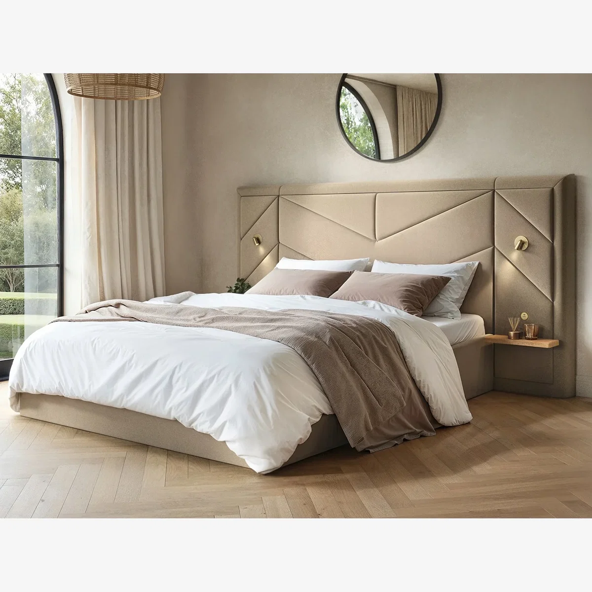 Alice Hotel Ottoman Bed with USB Gold Lights Beige Velvet - Beige
