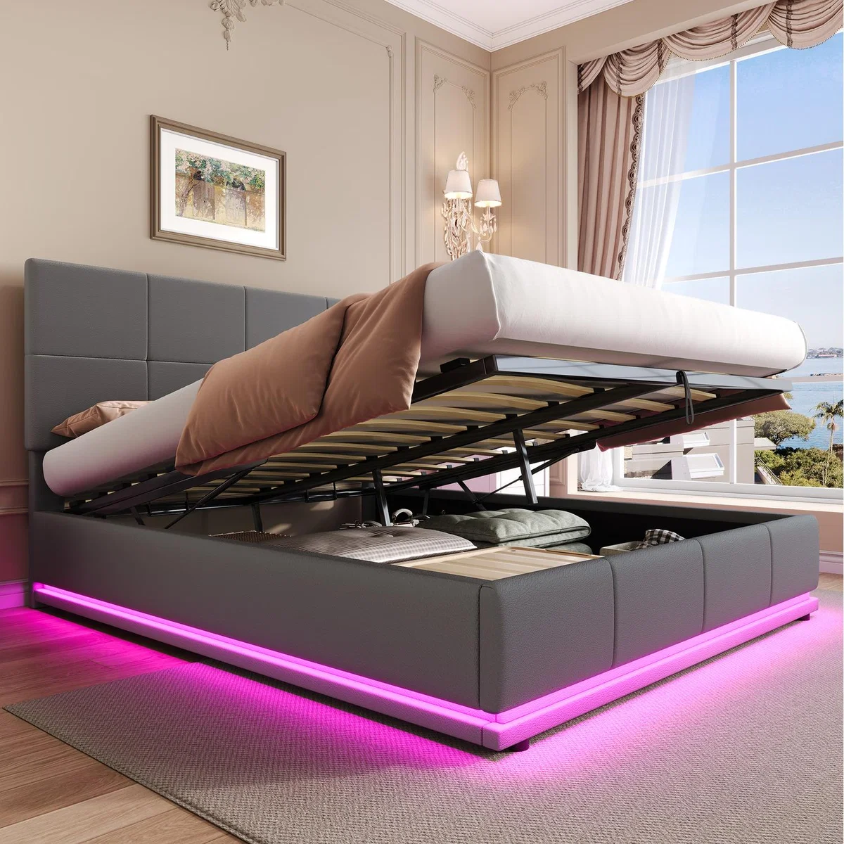 Double Ottoman Bed with LED Lighting - Grey