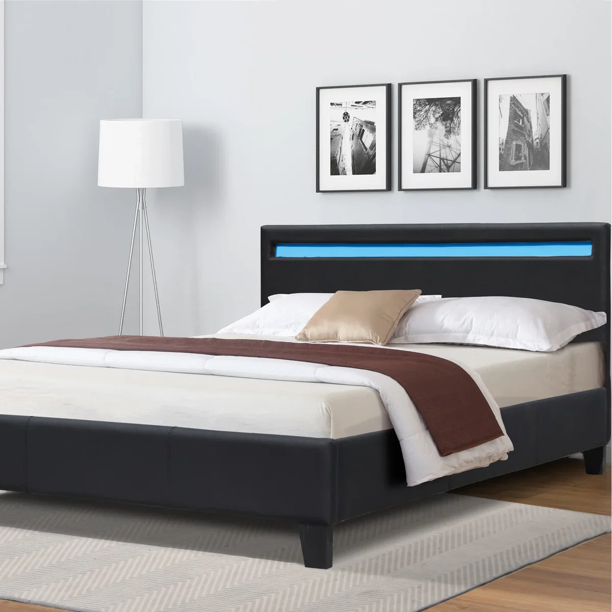 Faux Leather Modern Gas Lift Ottoman Bed Frame With LED 3ft 4ft 4ft6 5ft - Black / Double
