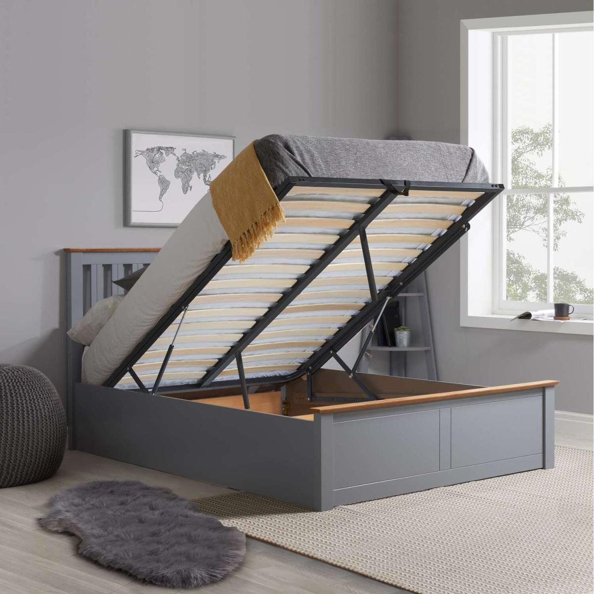 Small Double Ottoman Bed and Mattress Bundle Wood Phoenix Nebula 120cm 4ft - Stone Grey