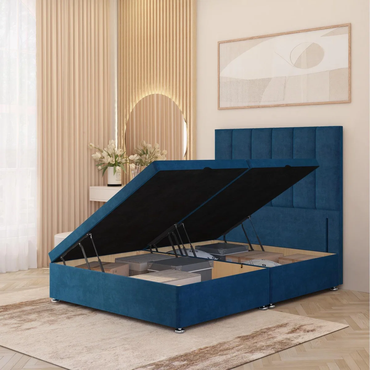 Austin Plush Velvet Solid Wood Ottoman Bed Side Opening Floor Standing Headboard - Navy / Single