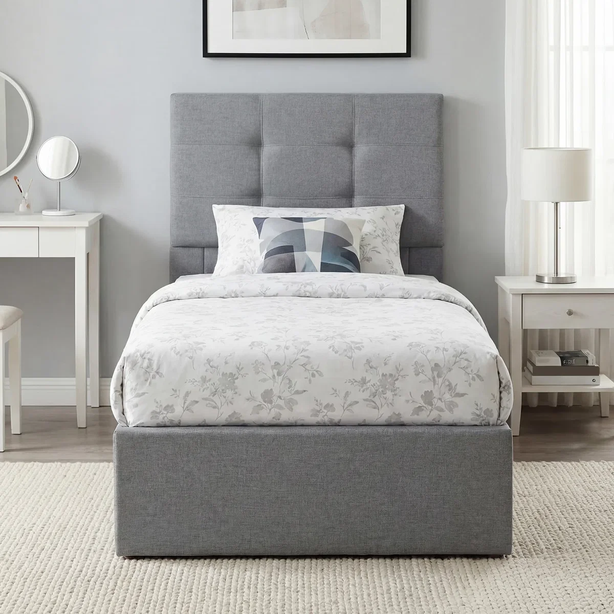 HOMCOM Ottoman Bed Frame with Gas Lift Tufted Headboard - Grey / Single