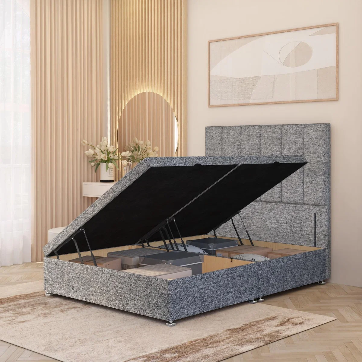Austin Tweed Fabric Solid Wood Ottoman Bed Side Opening Floor Standing Headboard - Grey / Small Single